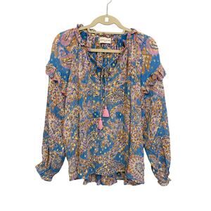 Miss June Paris Blouse Top L/XL Blue Paisley Boho Chic Casual Tassel Romantic